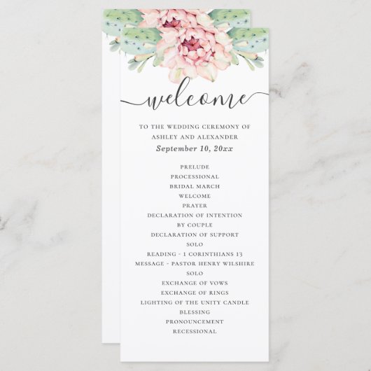 Wasserfarbe Sukkulente Hochzeit. Rosa Blütenkaktus Programm (Vorne/Hinten)