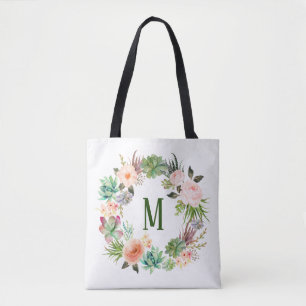 Wasserfarbe-Sukkulenten-Blumenkranz-Monogramm Tasche