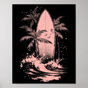 Wasserfarbe-Surfbrett-Surfen-Strand-Palmen Surfen Poster