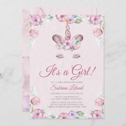 Wasserfarbe Süße Einhorn Es ist eine Girl Baby Dus Einladung (Vorne/Hinten)