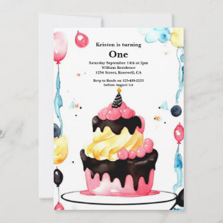 Wasserfarbe Süßkuchen 1. Geburtstag Einladung