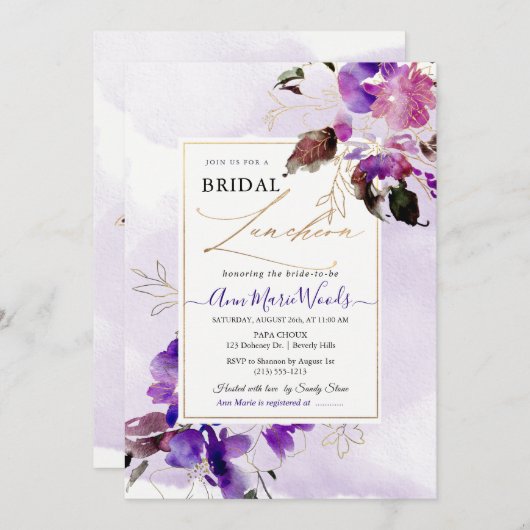 Wasserfarbe Süßpees Violet Lila Bridal Lunchoen Einladung (Vorne/Hinten)