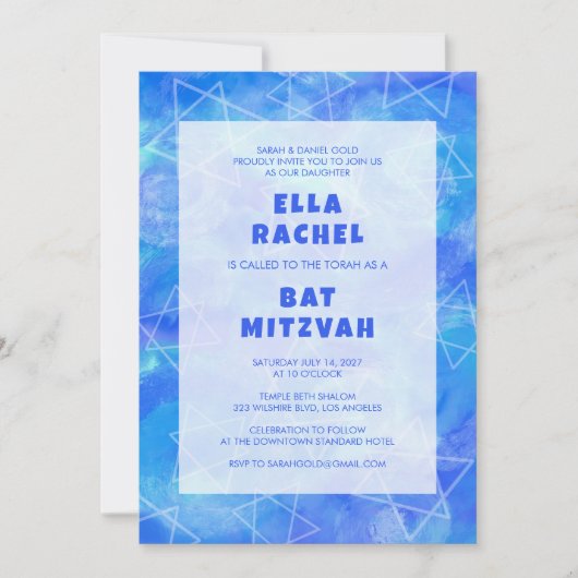 Wasserfarbe Swirbelstars Blau Custom Bar Bat Mitzv Einladung (Vorderseite)