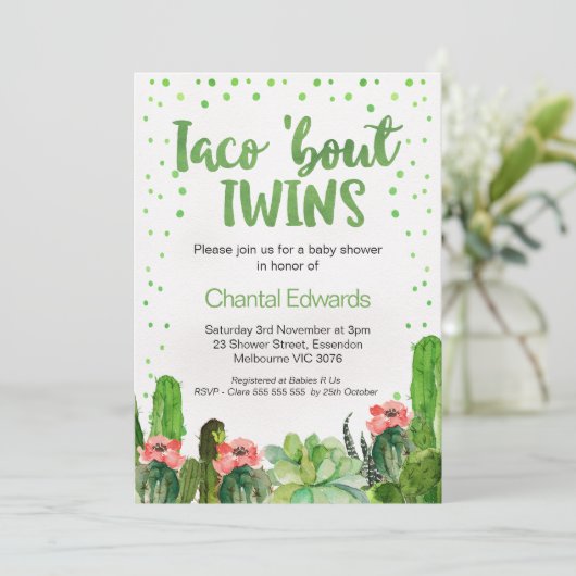 Wasserfarbe Taco 'Bout Twins Fiesta Baby Dusche Einladung (Stehend Vorderseite)