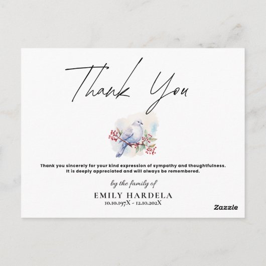 Wasserfarbe Taube Einfache Skriptbeerdigung Dankka Postkarte (Rückseite)