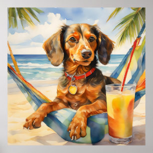 Wasserfarbe Teckel Dog Drinken Piña Colada Strand Poster