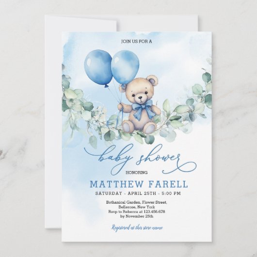 Wasserfarbe Teddy Bear Blue & Balloon Babydusche Einladung (Vorderseite)