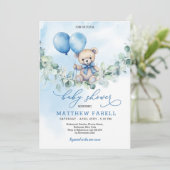 Wasserfarbe Teddy Bear Blue & Balloon Babydusche Einladung (Stehend Vorderseite)