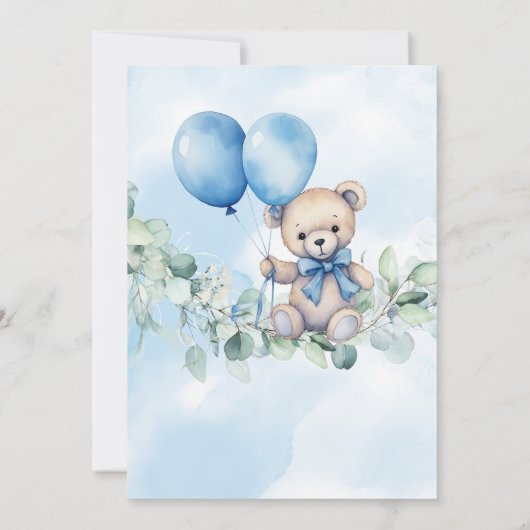 Wasserfarbe Teddy Bear Blue & Balloon Babydusche Einladung (Rückseite)