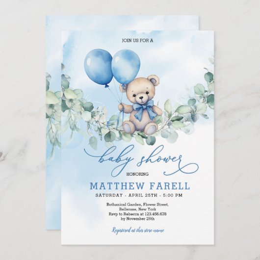 Wasserfarbe Teddy Bear Blue & Balloon Babydusche Einladung (Vorne/Hinten)