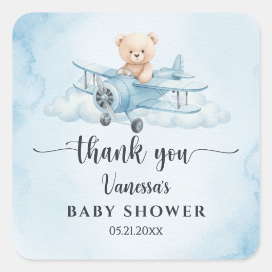 Wasserfarbe Teddy Bear Pilot Kinderdusche Vielen D Quadratischer Aufkleber (Vorderseite)
