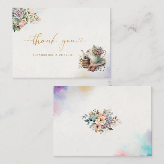 Wasserfarbe Tee Party Rosa Gold Vielen Dank Mitteilungskarte (Vorne/Hinten)