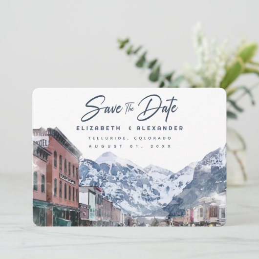Wasserfarbe Telluride Co Hochzeitsski Save the Dat Einladung (Stehend Vorderseite)