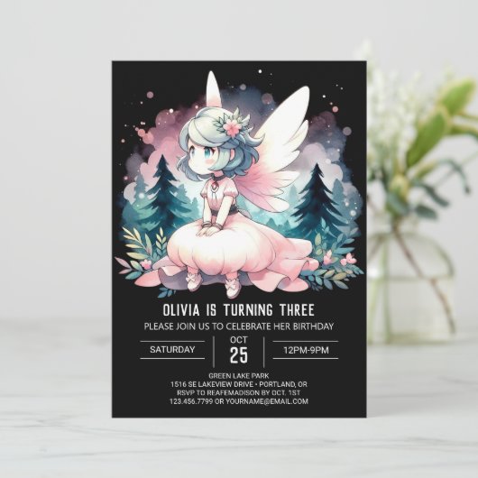 Wasserfarbe Thema Fairy Birthday Einladung (Stehend Vorderseite)