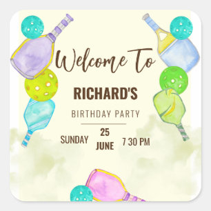 Wasserfarbe Thema Pickleball Sport Geburtstagspart Quadratischer Aufkleber