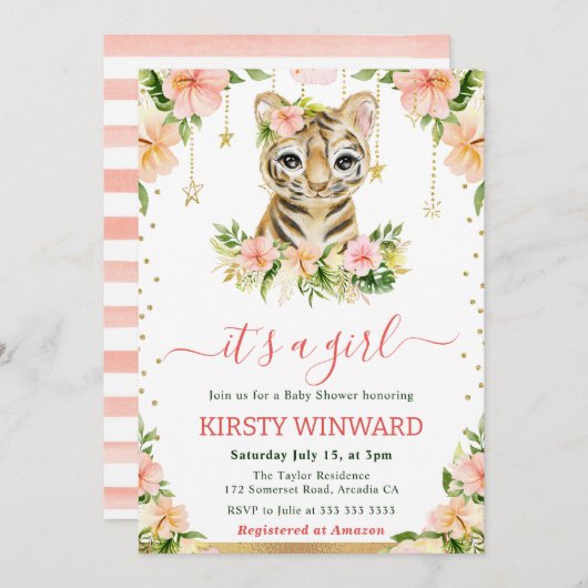 Wasserfarbe Tiger Cub Girl Babydusche Einladung (Vorne/Hinten)