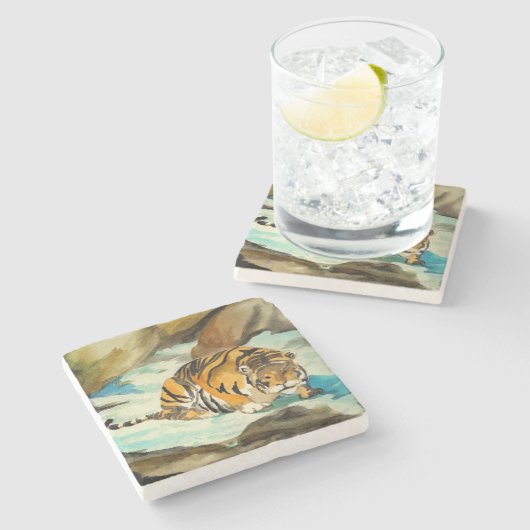Wasserfarbe Tiger Steinuntersetzer (Seitenansicht)