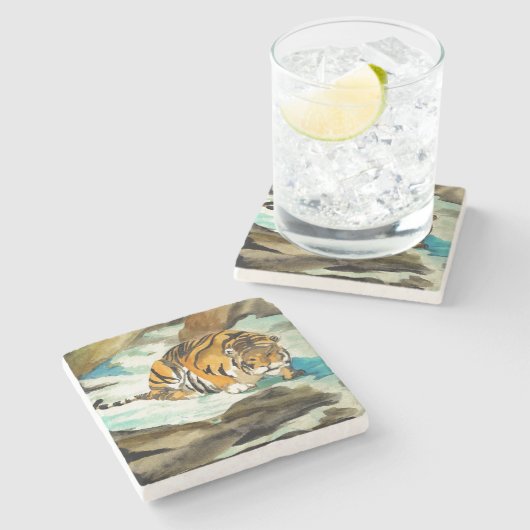 Wasserfarbe Tiger Steinuntersetzer (Seitenansicht)