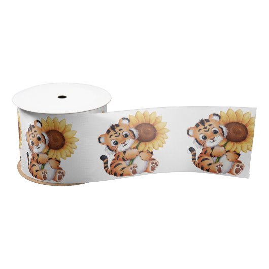 Wasserfarbe Tiger umarmt eine Sonnenblume Satinband (Spule)