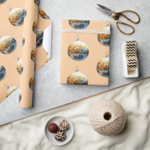 Wasserfarbe Traditioneller Winter Village Peach   Geschenkpapier