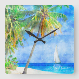Wasserfarbe Tropical Island Beach Palm Tree Quadratische Wanduhr