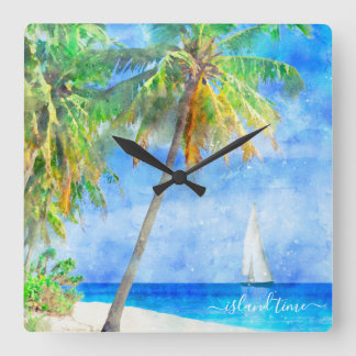 Wasserfarbe Tropical Island Beach Palm Tree Quadratische Wanduhr
