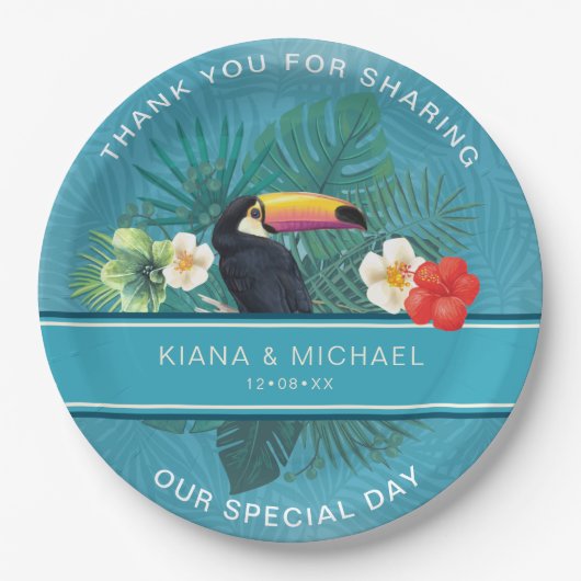 Wasserfarbe Tropisch mit Toucan Vielen Dank Aquama Pappteller (Vorderseite)