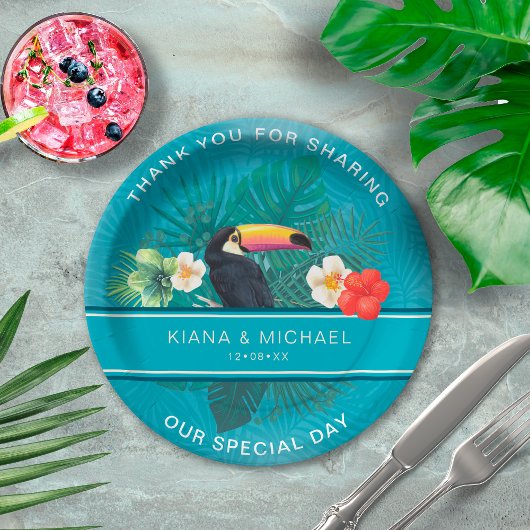 Wasserfarbe Tropisch mit Toucan Vielen Dank Aquama Pappteller