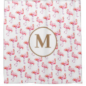 Wasserfarbe Tropisch rosa Flamingo | Gold Monogram Duschvorhang (Vorderseite)