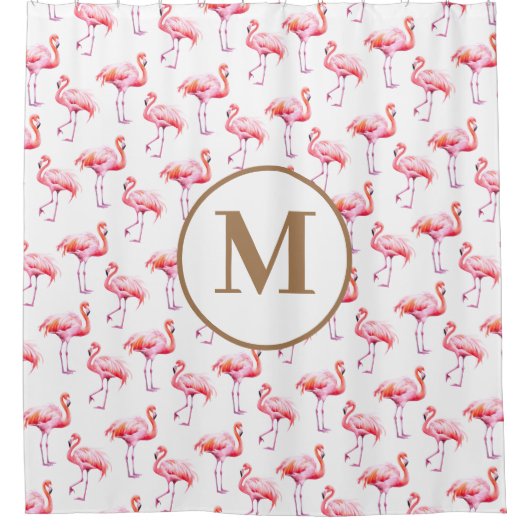 Wasserfarbe Tropisch rosa Flamingo | Gold Monogram Duschvorhang (Vorderseite)