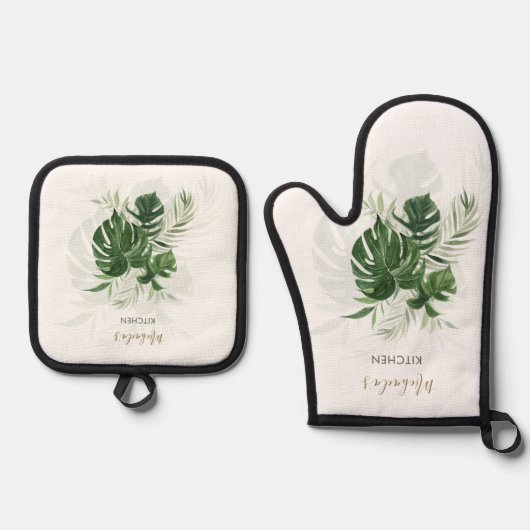 Wasserfarbe Tropische Blätter Grüne Personalisiert Ofenhandschuh & Topflappen-Set (Vorderseite)