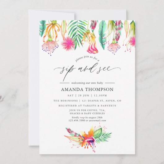 Wasserfarbe tropische Blumen Sippe und sehen Einladung (Vorderseite)