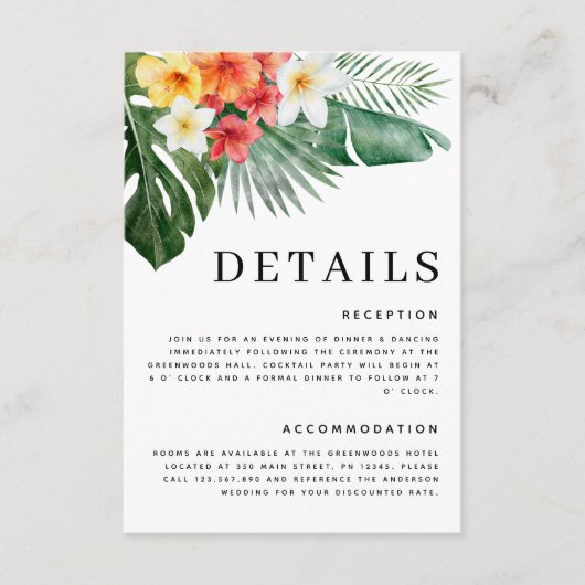 Wasserfarbe tropische Blumengrün Hochzeitsdetails Begleitkarte (Vorderseite)