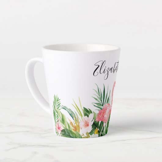 Wasserfarbe Tropische Blüte Rosa Flamingo Name Milchtasse (Linke Ecke)