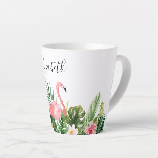 Wasserfarbe Tropische Blüte Rosa Flamingo Name Milchtasse (Rechte Ecke)