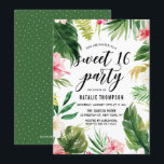 Wasserfarbe tropische Blütenrahmen Sweet 16 Party Einladung<br><div class="desc">Eine lustige und skurrile 16 . Geburtstag Party Einladung mit Aquarellfarben Hibiskus,  Palmen Blätter,  Bananen-Blätter und anderen tropischen Akzenten. Diese individuell gestaltbare 16 . Geburtstag-Einladung eignet sich hervorragend für Sommergeburtstage.</div>