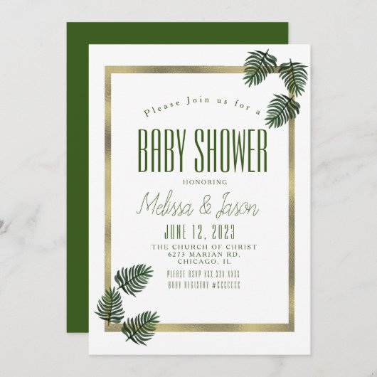 Wasserfarbe tropische botanische Foil Palm Babydus Einladung (Vorne/Hinten)