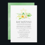 Wasserfarbe tropische Frangipani Bat Mitzvah Einladung<br><div class="desc">Sage grün,  gelb und weiß botanische tropische Frangipanis Fledermaus mitzvah Einladungskarten,  die schnell und einfach auf Ihre Event-Besonderheiten angepasst werden.</div>
