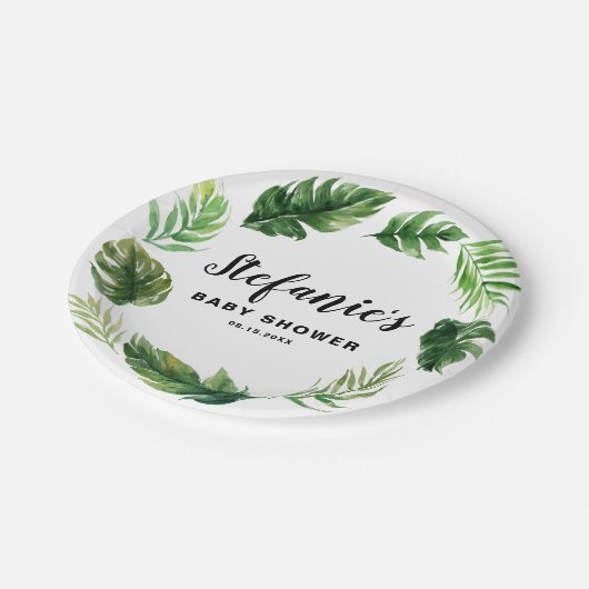 Wasserfarbe Tropische Grünpflanzen Kinderdusche Pappteller (Schrägansicht)