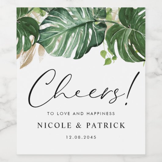 Wasserfarbe Tropische Monstera Blätter Sommerhochz Weinetikett (Einzelnes Label)