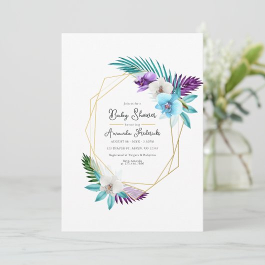 Wasserfarbe tropische Orchids Geometrische Babydus Einladung (Stehend Vorderseite)