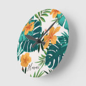 Wasserfarbe Tropische Palme, Hawaiischer Hibiskus Runde Wanduhr (Winkel)