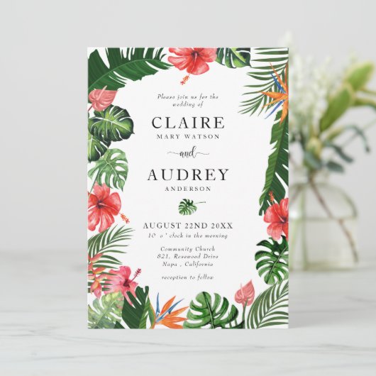 Wasserfarbe tropische Vegetation Hochzeit Einladun Einladung (Stehend Vorderseite)