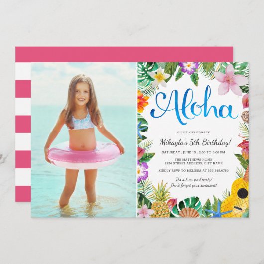 Wasserfarbe Tropisches Luau | Foto Birthday Party Einladung (Vorne/Hinten)