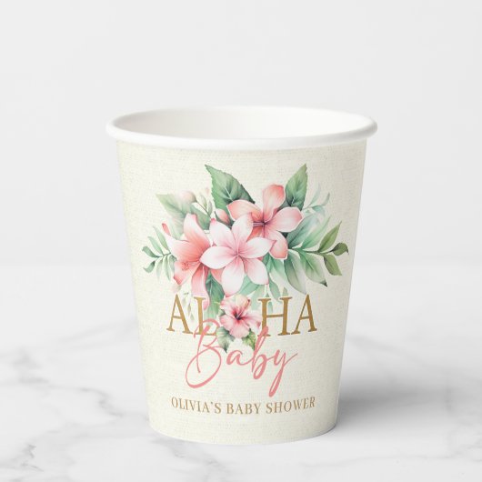 Wasserfarbe tropisches Rosa Blütendusche Aloha Bab Pappbecher (Rückseite)