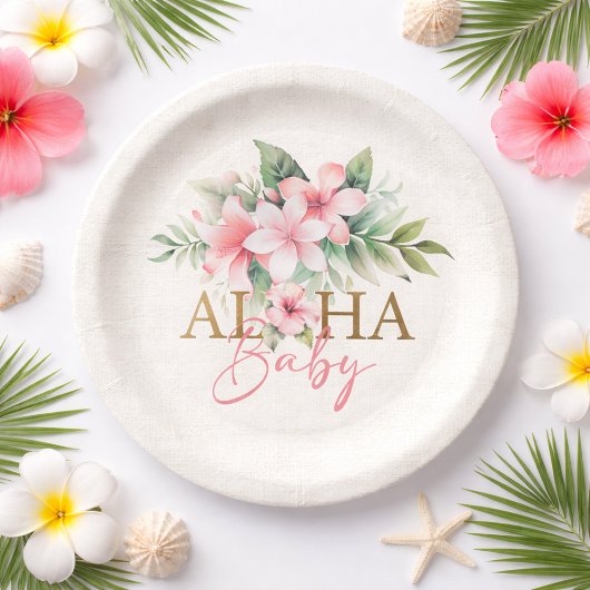 Wasserfarbe tropisches Rosa Blütendusche Aloha Bab Pappteller