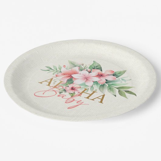 Wasserfarbe tropisches Rosa Blütendusche Aloha Bab Pappteller (Schrägansicht)