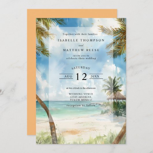 Wasserfarbe Tulum Tropical Beach Hochzeit Einladung (Vorne/Hinten)