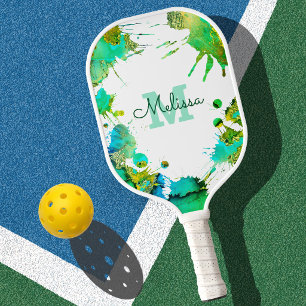 Wasserfarbe Türkis Grün Blau Sprenkel Monogramm Pickleball Schläger