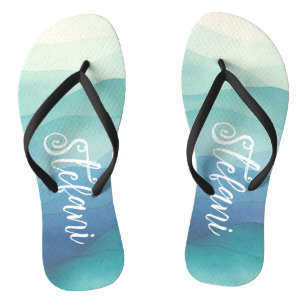 Wasserfarbe Türkis Navy Blue Ombre Waves Zahlen Badesandalen